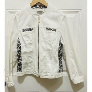 Chico's Platinum Denim Jacket Leopard Print Trim White Jean Jacket Sz 2‎